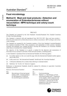 AS 5013.8: 01/01/2004 Food microbiology, Method 8: Meat and meat products – Detection and enumeration of Enterobacteriaceae without resuscitation – MPN technique and colony-count technique