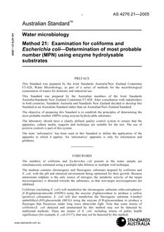 AS 4276.21: 01/01/2005 Water microbiology, Part 21: Examination for coliforms and Escherichia coli – Determination of most probable number (MPN) using enzyme hydrolysable substrates
