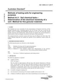 AS 1289.4.4.1: 04/26/2017 Methods of testing soils for engineering purposes, Method 4.4.1: Soil chemical tests – Determination of the electrical resistivity of a soil – Method for fine granular materials