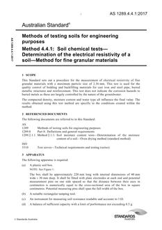 AS 1289.4.4.1: 04/26/2017 Methods of testing soils for engineering purposes, Method 4.4.1: Soil chemical tests – Determination of the electrical resistivity of a soil – Method for fine granular materials