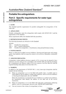 AS/NZS 1841.2: 08/31/2007 Portable fire extinguishers, Part 2: Specific requirements for water type extinguishers AS/NZS 1841.2: 08/31/2007 Portable fire extinguishers, Part 2: Specific requirements for water type extinguishers