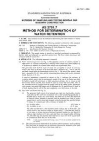 AS 2701.7: 12/31/1983 Methods of sampling and testing mortar for masonry construction – Method for determination of water retention AS 2701.7: 12/31/1983 Methods of sampling and testing mortar for masonry construction – Method for determination of water retention