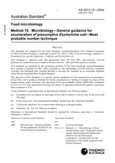 AS 5013.15: 01/01/2004 Food microbiology, Method 15: Microbiology – General guidance for enumeration of presumptive Escherichia coli – Most probable number technique