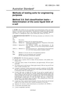 AS 1289.3.9: 12/31/1990 Methods of testing soils for engineering purposes, Method 3.9: Soil classification tests – Determination of the cone liquid limit of a soil