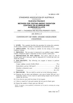 AS 2039.1.5: 01/01/1978 Methods for testing anodic oxidation coatings on aluminium and aluminium alloys, Part 1.5: Thickness and related property tests – Continuity of thin anodic oxidation coatings