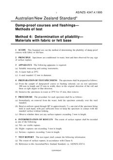 AS/NZS 4347.4: 11/05/1995 Damp-proof courses and flashings – Methods of test, Method 4: Determination of pliability – Materials with fabric or felt base