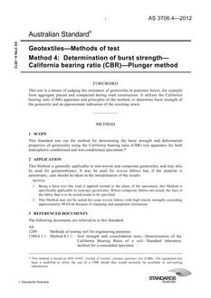 AS 3706.4: 04/30/2012 Geotextiles – Methods of test, Method 4: Determination of burst strength – California bearing ratio (CBR) – Plunger method