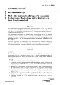 AS 5013.9: 01/01/2009 Food microbiology, Method 9: Examination for specific organisms – Coliforms and Escherichia coli by the triplicate tube detection method