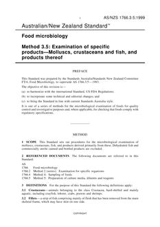 AS/NZS 1766.3.5: 03/05/1999 Food microbiology, Method 3.5: Examination of specific products – Molluscs, crustaceans and fish, and products thereof