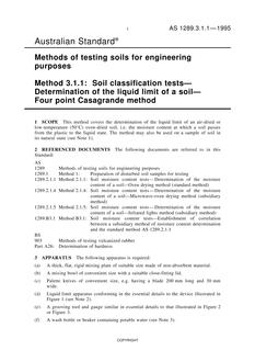 AS 1289.3.1.1: 01/01/1995 Methods of testing soils for engineering purposes, Method 3.1.1: Soil classification tests – Determination of the liquid limit of a soil – Four point Casagrande method