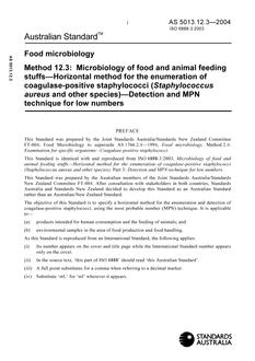 AS 5013.12.3: 07/13/2004 Food microbiology, Method 12.3: Microbiology of food and animal feeding stuffs – Horizontal method for the enumeration of coagulase-positive staphylococci (Staphylococcus aureus and other species) – Detection and MPN technique for low numbers