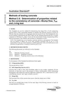 AS 1012.3.5: 03/05/2015 Methods of testing concrete, Method 3.5: Determination of properties related to the consistency of concrete – Slump flow, T500 and J-ring test
