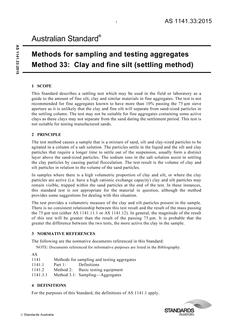 AS 1141.33: 05/11/2015 Methods for sampling and testing aggregates, Method 33: Clay and fine silt (settling method)