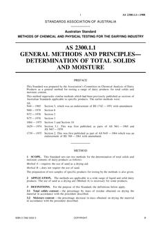AS 2300.1.1: 12/31/1987 Methods of chemical and physical testing for the dairying industry, Method 1.1: General methods and principles – Determination of total solids and moisture