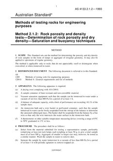 AS 4133.2.1.2: 01/01/1993 Methods of testing rocks for engineering purposes, Method 2.1.2: Rock porosity and density tests – Determination of rock porosity and dry density – Saturation and buoyancy techniques