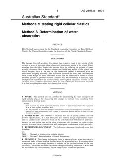 AS 2498.8: 02/10/1991 Methods of testing rigid cellular plastics, Method 8: Determination of water absorption