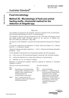 AS 5013.25: 02/18/2009 Food microbiology, Method 25: Microbiology of food and animal feeding stuffs – Horizontal method for the detection of Shigella spp. AS 5013.25: 02/18/2009 Food microbiology, Method 25: Microbiology of food and animal feeding stuffs – Horizontal method for the detection of Shigella spp.