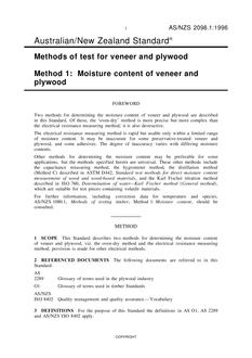 AS/NZS 2098.1: 12/05/1996 Methods of test for veneer and plywood, Method 1: Moisture content of veneer and plywood