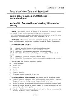 AS/NZS 4347.8: 11/05/1995 Damp-proof courses and flashings – Methods of test, Method 8: Preparation of coating bitumen for testing