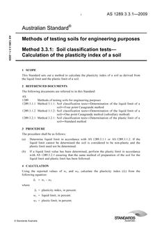 AS 1289.3.3.1: 02/06/2009 Methods of testing soils for engineering purposes, Method 3.3.1: Soil classification tests – Calculation of the plasticity index of a soil