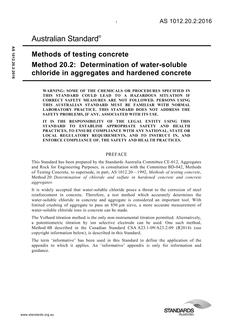 AS 1012.20.2: 10/18/2016 Methods of testing concrete, Method 20.2: Determination of water-soluble chloride in aggregates and hardened concrete