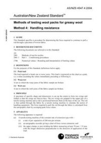 AS/NZS 4547.4: 05/12/2004 Methods of testing wool packs for greasy wool, Method 4: Handling resistance