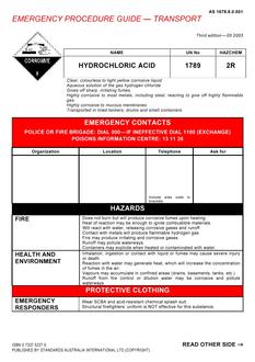 AS 1678.8.0.001: 05/06/2003 Emergency procedure guide – Transport – Hydrochloric acid