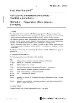 AS 1774.4.1: 05/20/2002 Refractories and refractory materials – Physical test methods, Method 4.1: Preparation of test pieces – By casting AS 1774.4.1: 05/20/2002 Refractories and refractory materials – Physical test methods, Method 4.1: Preparation of test pieces – By casting