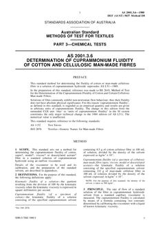 AS 2001.3.6: 12/31/1979 Methods of test for textiles, Part 3.6: Chemical tests – Determination of cuprammonium fluidity of cotton and cellulosic man-made fibres