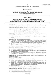 AS 2701.6: 12/31/1983 Methods of sampling and testing mortar for masonry construction – Method for determination of consistency – Cone impression test