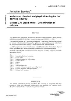 AS 2300.2.7: 01/01/2008 Methods of chemical and physical testing for the dairying industry, Method 2.7: Liquid milks – Determination of calcium
