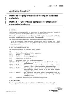 AS 5101.4: 06/19/2008 Methods for preparation and testing of stabilized materials, Method 4: Unconfined compressive strength of compacted materials