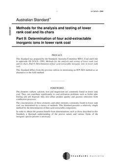 AS 2434.9: 11/01/2000 Method for the analysis and testing of lower rank coal and its chars, Part 9: Determination of four acid-extractable inorganic ions in lower rank coal