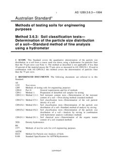 AS 1289.3.6.3: 01/01/1994 Methods of testing soils for engineering purposes, Method 3.6.3: Soil classification tests – Determination of the particle size distribution of a soil – Standard method of fine analysis using a hydrometer