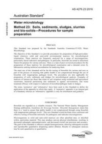 AS 4276.23: 04/12/2016 Water microbiology, Method 23: Soils, sediments, sludges, slurries and bio-solids – Procedures for sample preparation