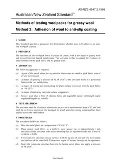 AS/NZS 4547.2: 04/05/1999 Methods of testing woolpacks for greasy wool, Method 2: Adhesion of wool to anti-slip coating