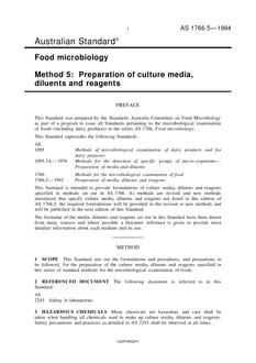 AS 1766.5: 01/01/1994 Food microbiology, Method 5: Preparation of culture media, diluents and reagents