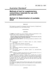 AS 3583.12: 03/27/1991 Methods of test for supplementary cementitious materials for use with portland cement, Method 12: Determination of available alkali