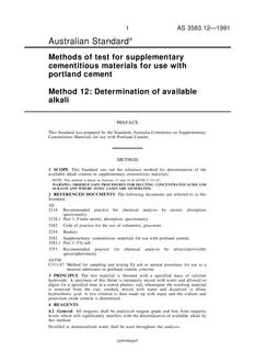 AS 3583.12: 03/27/1991 Methods of test for supplementary cementitious materials for use with portland cement, Method 12: Determination of available alkali