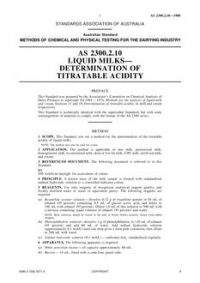 AS 2300.2.10: 01/01/1988 Methods of chemical and physical testing for the dairying industry, Method 2.10: Liquid milks – Determination of titratable acidity