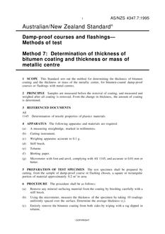 AS/NZS 4347.7: 11/05/1995 Damp-proof courses and flashings – Methods of test, Method 7: Determination of thickness of bitumen coating and thickness or mass of metallic centre