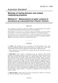 AS 2341.31: 01/01/1998 Methods of testing bitumen and related roadmarking products – Measurement of water content of emulsions by automated Karl Fischer titration