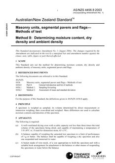 AS/NZS 4456.8: 09/25/2003 Masonry units, segmental pavers and flags – Methods of test, Method 8: Determining moisture content, dry density and ambient density
