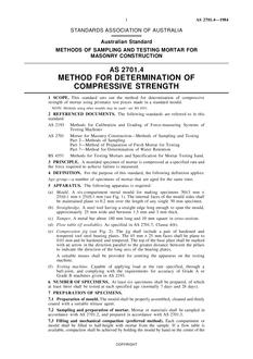 AS 2701.4: 01/01/1984 Methods of sampling and testing mortar for masonry construction, Method 4: Method for determination of compressive strength
