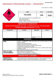 AS 1678.3.2.001: 01/01/2003 Emergency procedure guide – Transport – Toluene