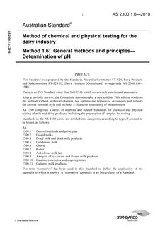 AS 2300.1.6: 06/15/2010 Method of chemical and physical testing for the dairy industry, Method 1.6: General methods and principles – Determination of pH