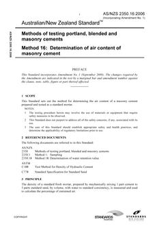 AS/NZS 2350.16: 12/29/2006 Methods of testing portland, blended and masonry cements, Method 16: Determination of air content of masonry cement
