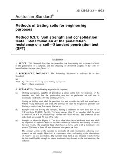 AS 1289.6.3.1: 01/01/1993 Methods of testing soils for engineering purposes, Method 6.3.1: Soil strength and consolidation tests – Determination of the penetration resistance of a soil – Standard penetration test (SPT)