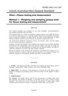 AS/NZS 4492.1(INT): 09/05/1997 Wool – Fleece testing and measurement, Method 1: Weighing and sampling greasy wool for fleece testing and measurement