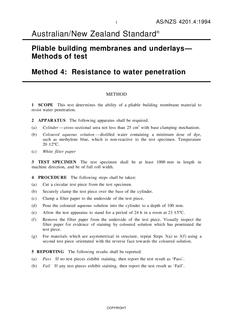 AS/NZS 4201.4: 06/14/1994 Pliable building membranes and underlays – Methods of test, Method 4: Resistance to water penetration